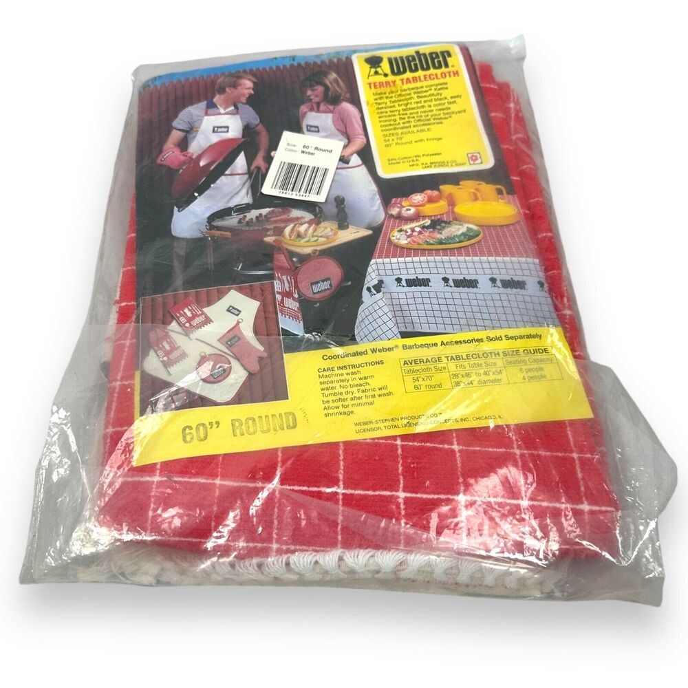 Weber Grill Terry Tablecloth 60” Round with Fringe Cotton Red‎ White Checker New